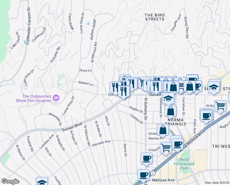 map of restaurants, bars, coffee shops, grocery stores, and more near 9229-9255 Doheny Road in West Hollywood