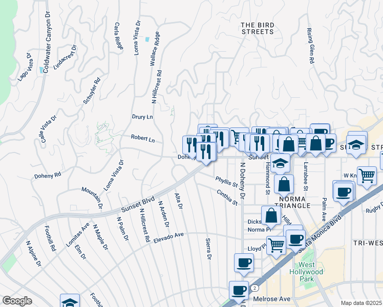 map of restaurants, bars, coffee shops, grocery stores, and more near 9255 Doheny Road in West Hollywood