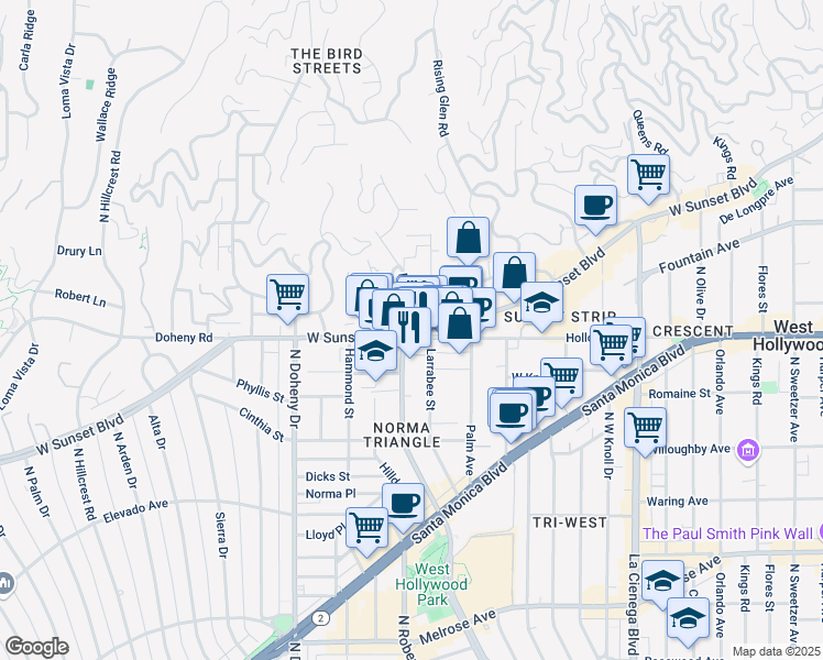 map of restaurants, bars, coffee shops, grocery stores, and more near in West Hollywood