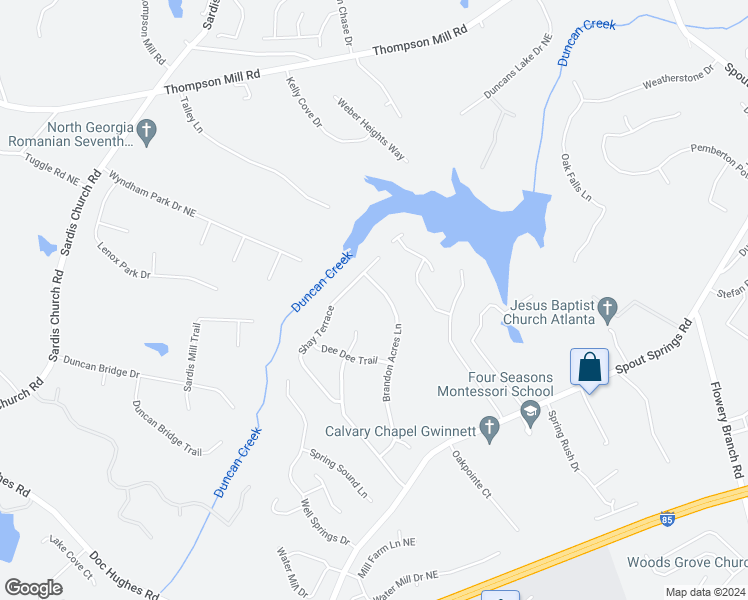 map of restaurants, bars, coffee shops, grocery stores, and more near 4850 Brandon Acres Lane in Buford