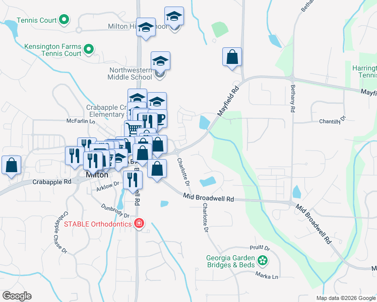 map of restaurants, bars, coffee shops, grocery stores, and more near 4040 Saint Michelle Lane in Alpharetta