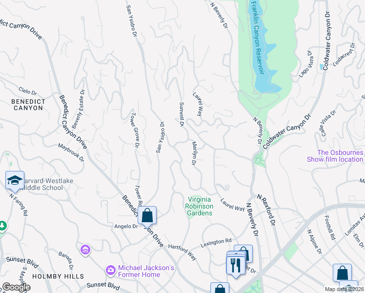 map of restaurants, bars, coffee shops, grocery stores, and more near 1154 Summit Drive in Beverly Hills
