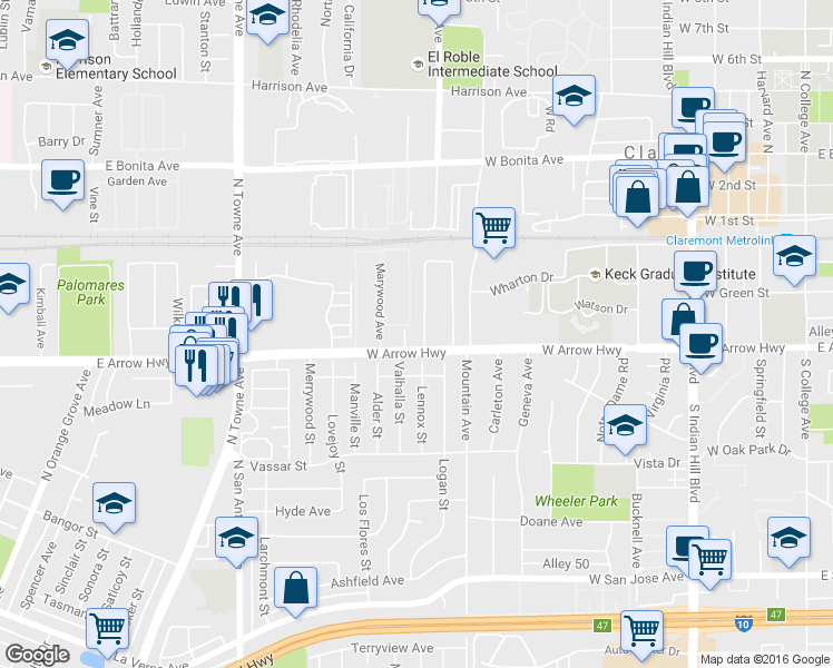map of restaurants, bars, coffee shops, grocery stores, and more near 269 Piedmont Avenue in Claremont
