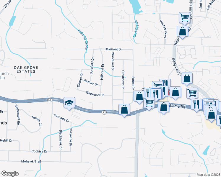map of restaurants, bars, coffee shops, grocery stores, and more near 1388 Wildwood Drive in Acworth