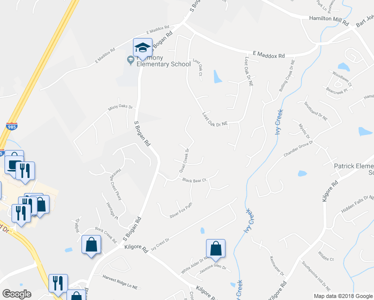 map of restaurants, bars, coffee shops, grocery stores, and more near 3898 Quail Creek Drive in Buford