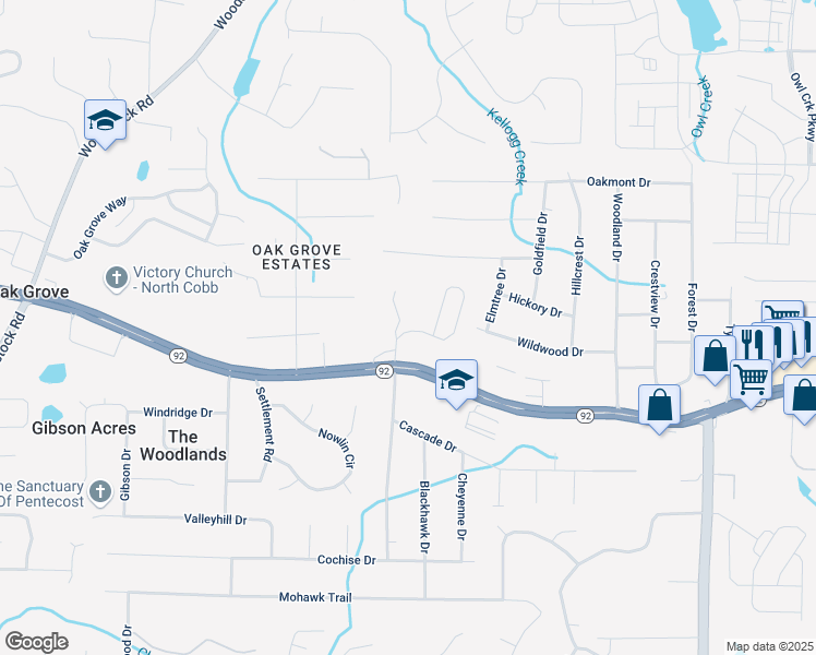 map of restaurants, bars, coffee shops, grocery stores, and more near 103 Bryon Lane in Acworth