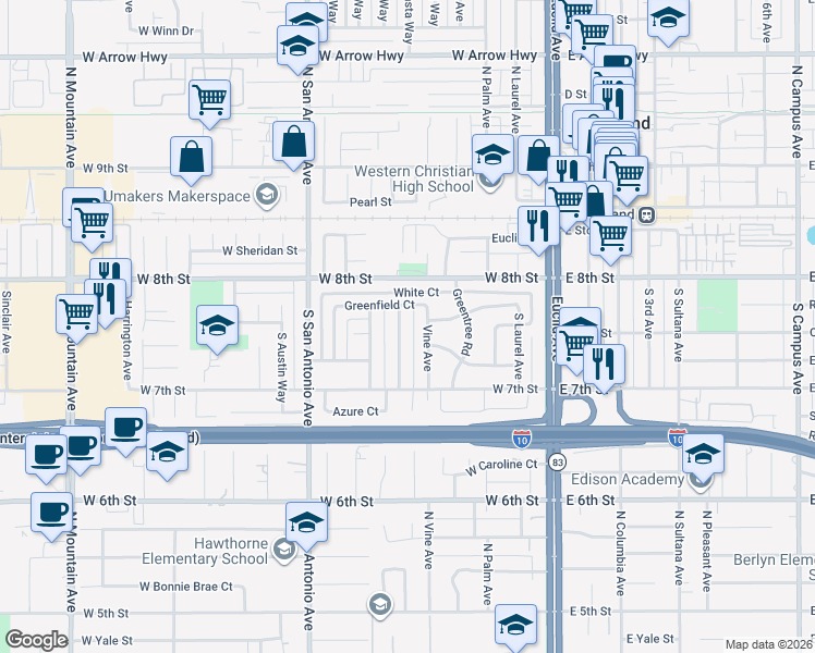 map of restaurants, bars, coffee shops, grocery stores, and more near 284 Verdugo Way in Upland