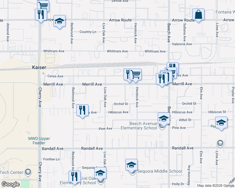 map of restaurants, bars, coffee shops, grocery stores, and more near 14965 Granada Avenue in Fontana