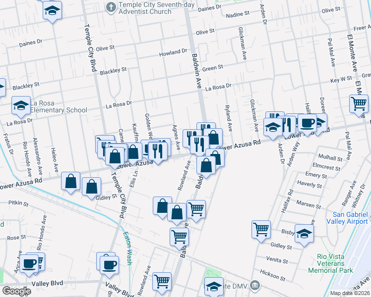 map of restaurants, bars, coffee shops, grocery stores, and more near 9913 Lower Azusa Road in Temple City