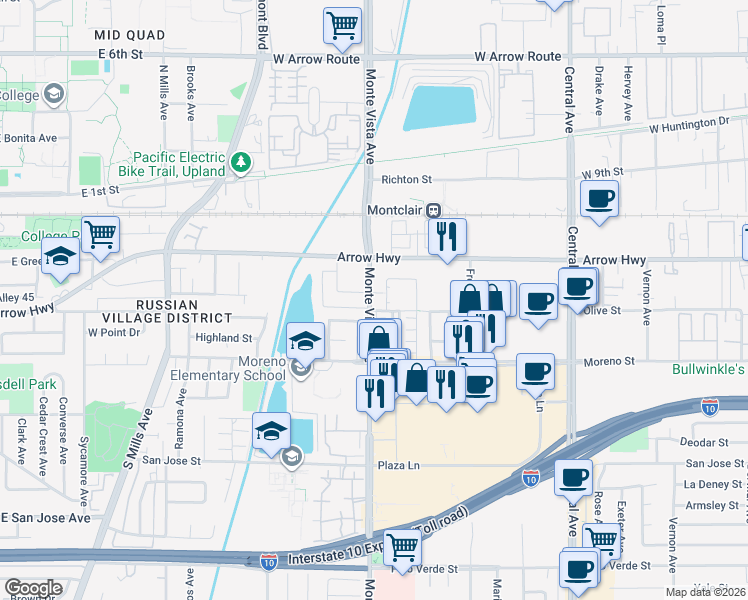 map of restaurants, bars, coffee shops, grocery stores, and more near 9016 Sycamore Avenue in Montclair