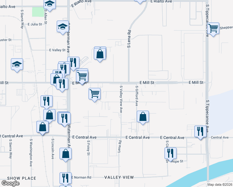 map of restaurants, bars, coffee shops, grocery stores, and more near 603 San Jacinto Street in San Bernardino