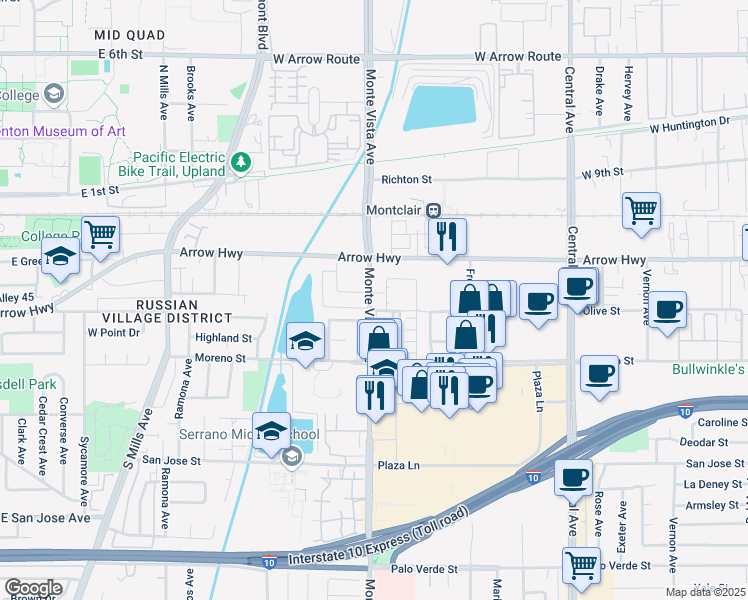 map of restaurants, bars, coffee shops, grocery stores, and more near 4914 Olive Street in Montclair