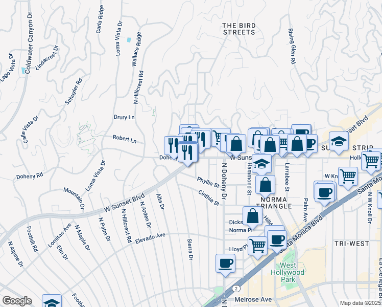 map of restaurants, bars, coffee shops, grocery stores, and more near 9176 Sunset Boulevard in West Hollywood