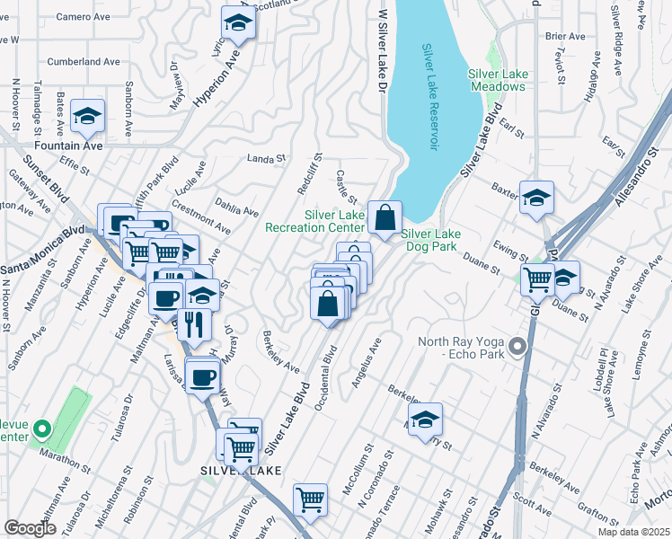map of restaurants, bars, coffee shops, grocery stores, and more near 1735 Westerly Terrace in Los Angeles
