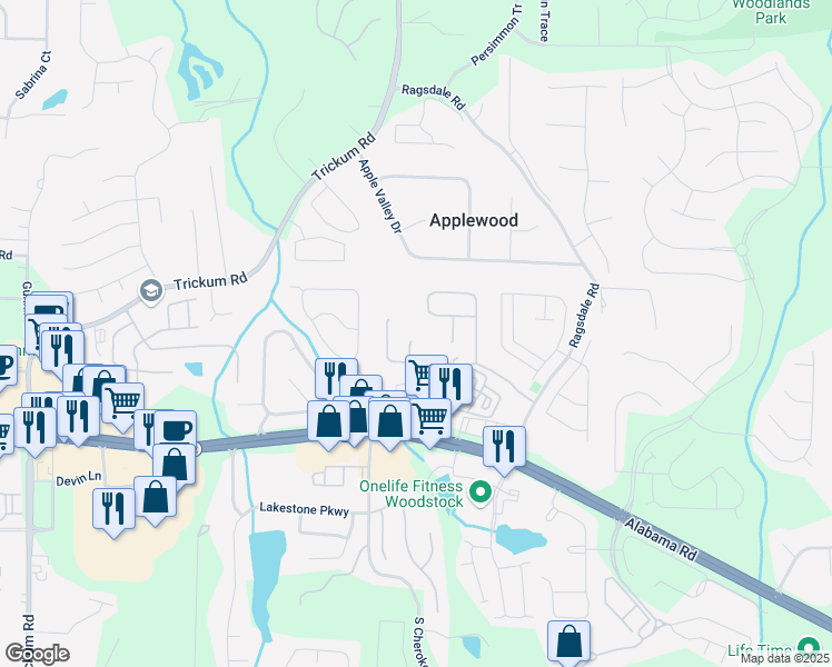map of restaurants, bars, coffee shops, grocery stores, and more near 408 Sam Cob Court in Woodstock