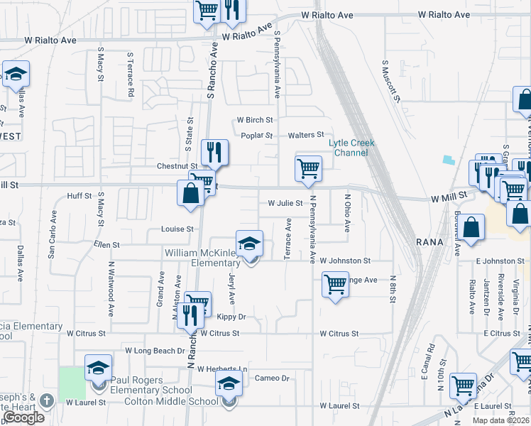 map of restaurants, bars, coffee shops, grocery stores, and more near 583 West Gray Street in Colton