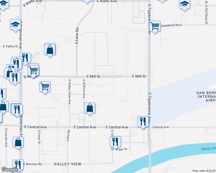 map of restaurants, bars, coffee shops, grocery stores, and more near 892 East Santa Fe Street in San Bernardino
