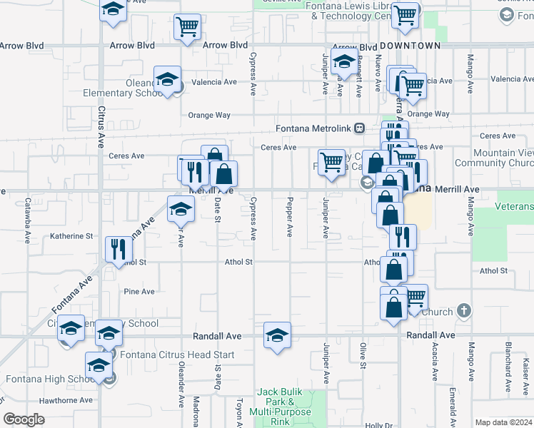 map of restaurants, bars, coffee shops, grocery stores, and more near 8968 Chantry Avenue in Fontana