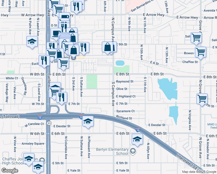 map of restaurants, bars, coffee shops, grocery stores, and more near 690 Olive Street in Upland