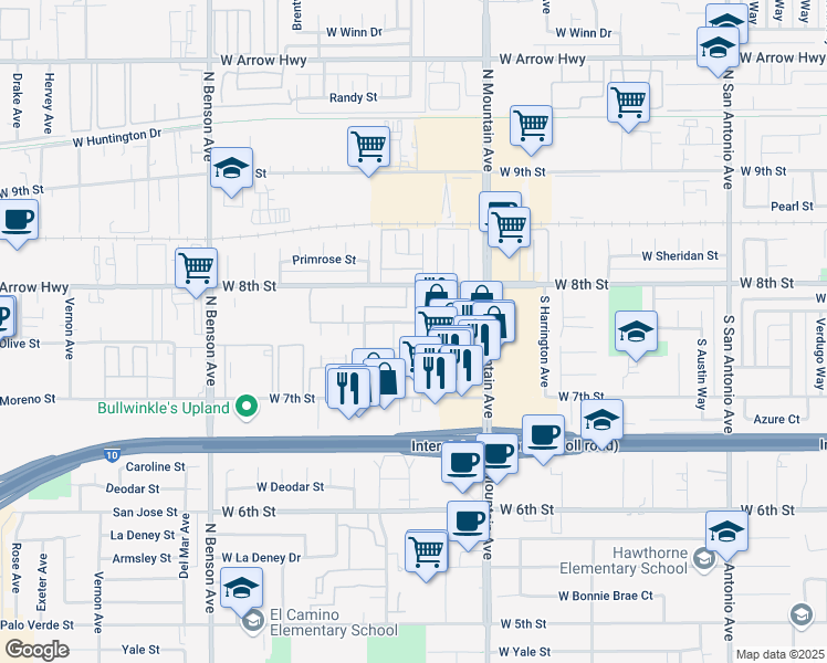 map of restaurants, bars, coffee shops, grocery stores, and more near 300 Stillman Avenue in Upland