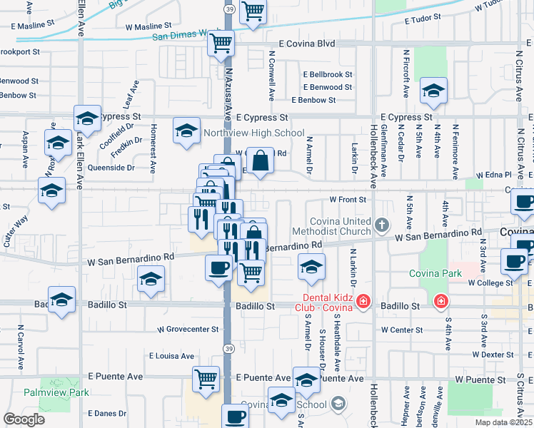 map of restaurants, bars, coffee shops, grocery stores, and more near 815 Glentana Street in Covina