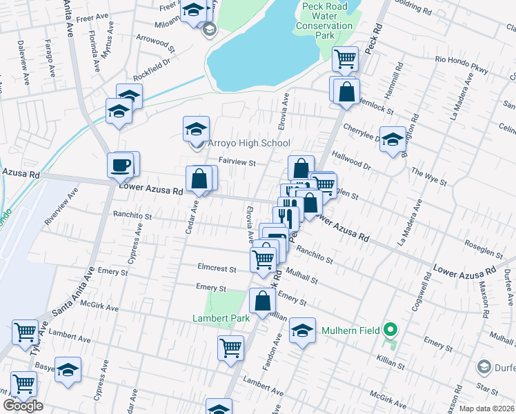 map of restaurants, bars, coffee shops, grocery stores, and more near 11510 Lower Azusa Road in El Monte