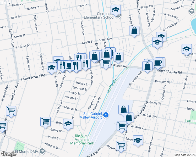 map of restaurants, bars, coffee shops, grocery stores, and more near 4718 Pal Mal Avenue in El Monte