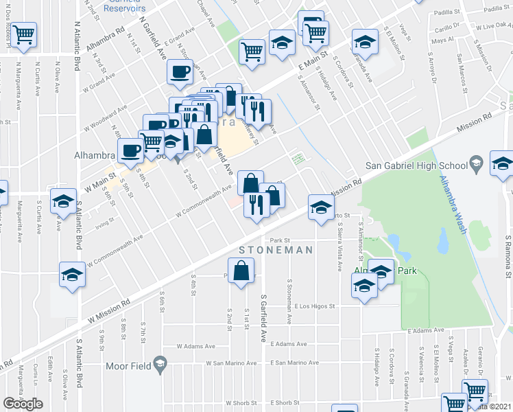 map of restaurants, bars, coffee shops, grocery stores, and more near 420 South Garfield Avenue in Alhambra
