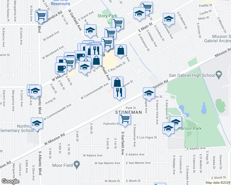 map of restaurants, bars, coffee shops, grocery stores, and more near 420 South Garfield Avenue in Alhambra
