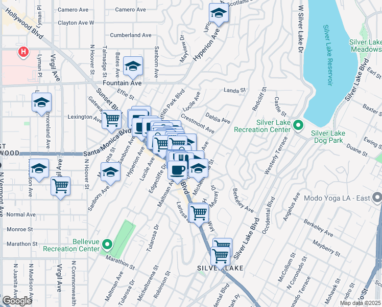 map of restaurants, bars, coffee shops, grocery stores, and more near 1533 1/2 Maltman Avenue in Los Angeles