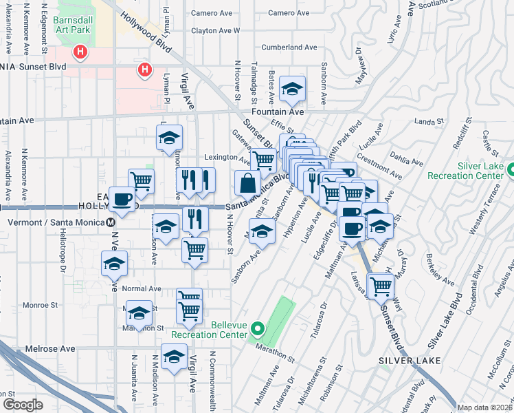 map of restaurants, bars, coffee shops, grocery stores, and more near 4019 Del Mar Avenue in Los Angeles