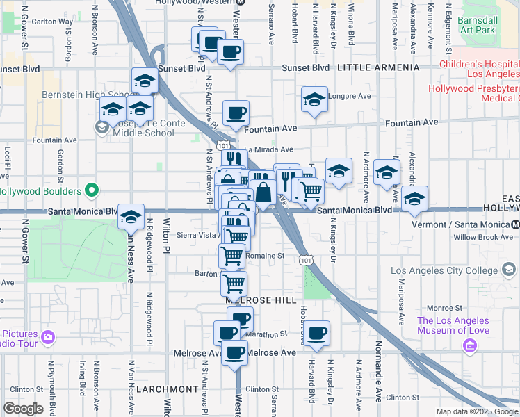map of restaurants, bars, coffee shops, grocery stores, and more near 1089 North Oxford Avenue in Los Angeles