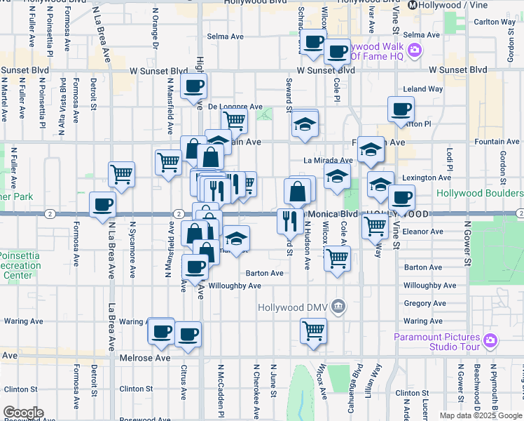 map of restaurants, bars, coffee shops, grocery stores, and more near 6648 Santa Monica Boulevard in Los Angeles