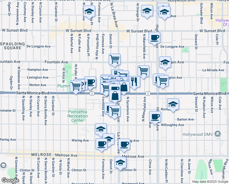 map of restaurants, bars, coffee shops, grocery stores, and more near in West Hollywood