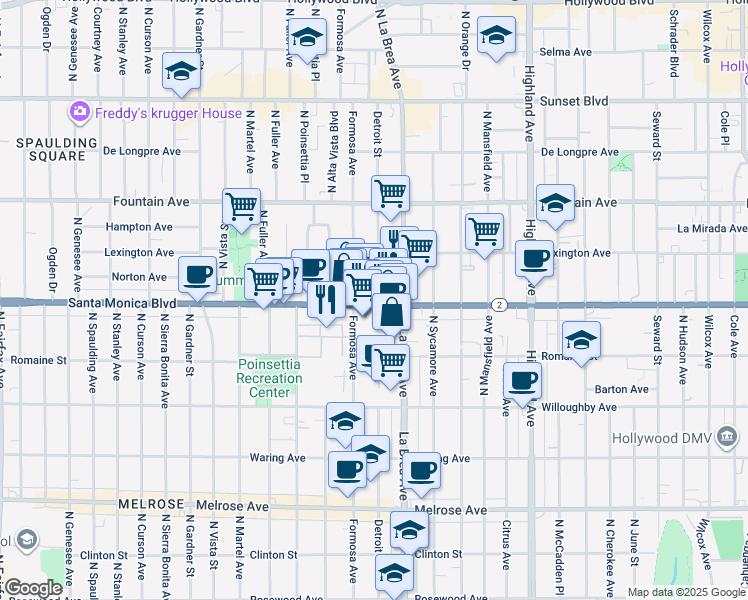 map of restaurants, bars, coffee shops, grocery stores, and more near 7141 Santa Monica Boulevard in West Hollywood