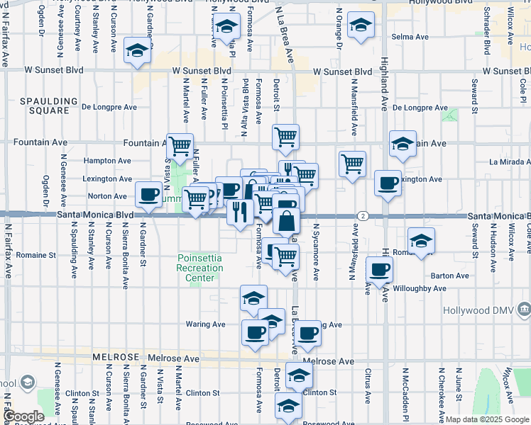 map of restaurants, bars, coffee shops, grocery stores, and more near 180 Santa Monica Boulevard in West Hollywood