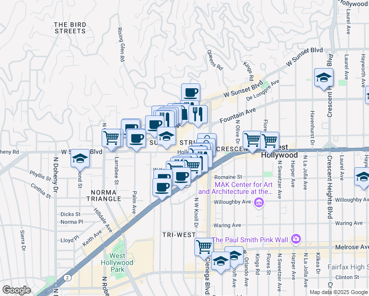 map of restaurants, bars, coffee shops, grocery stores, and more near 8558 Holloway Drive in West Hollywood