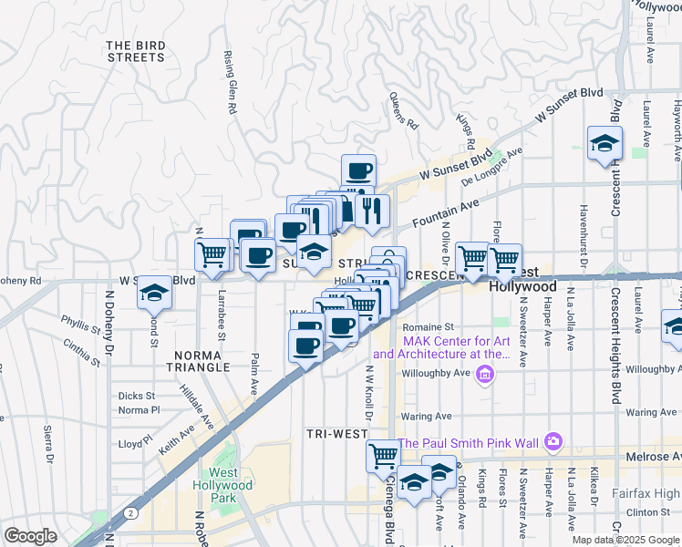 map of restaurants, bars, coffee shops, grocery stores, and more near 8558 Holloway Drive in West Hollywood