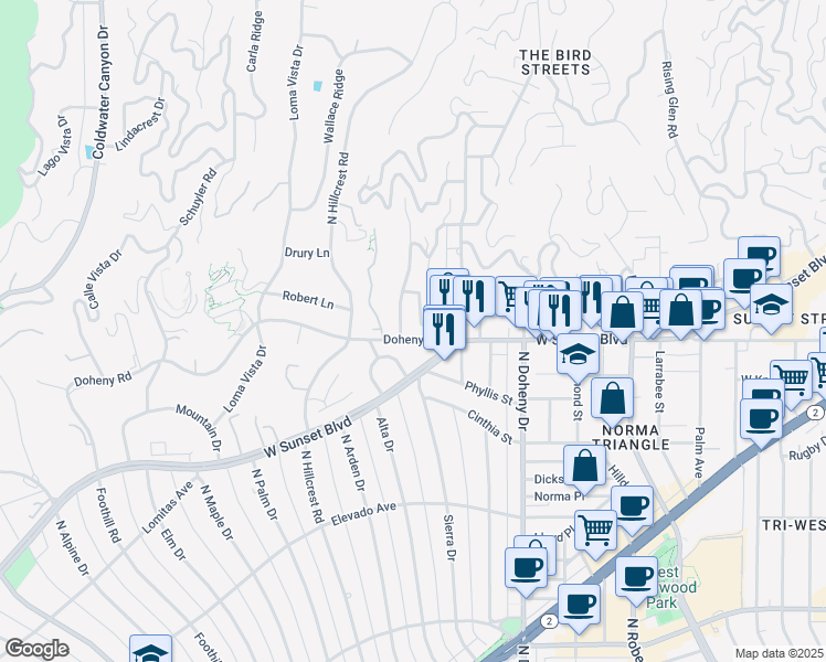 map of restaurants, bars, coffee shops, grocery stores, and more near 9229-9255 Doheny Road in West Hollywood