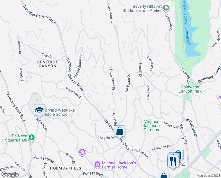 map of restaurants, bars, coffee shops, grocery stores, and more near 9920 Tower Lane in Beverly Hills