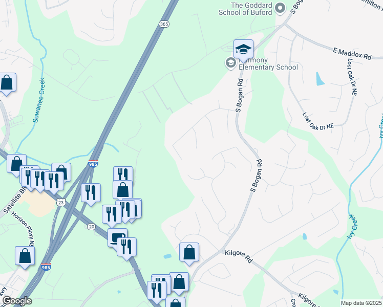 map of restaurants, bars, coffee shops, grocery stores, and more near 3828 Morning Meadow Lane Northeast in Buford
