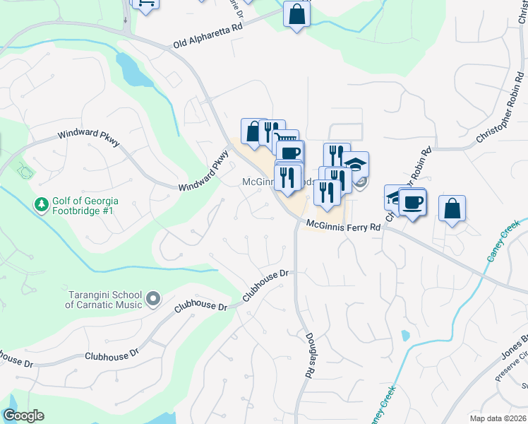 map of restaurants, bars, coffee shops, grocery stores, and more near 315 Fieldstone Walk in Alpharetta