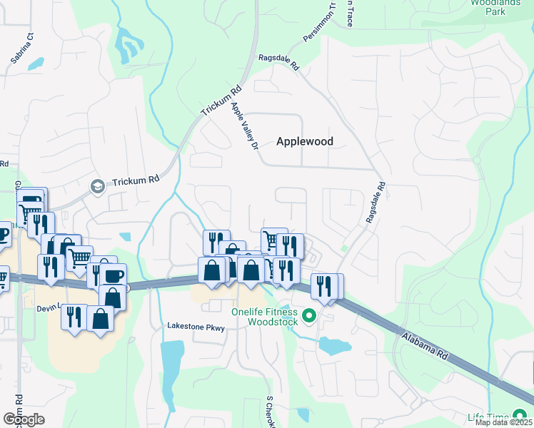 map of restaurants, bars, coffee shops, grocery stores, and more near 408 Sam Cob Court in Woodstock