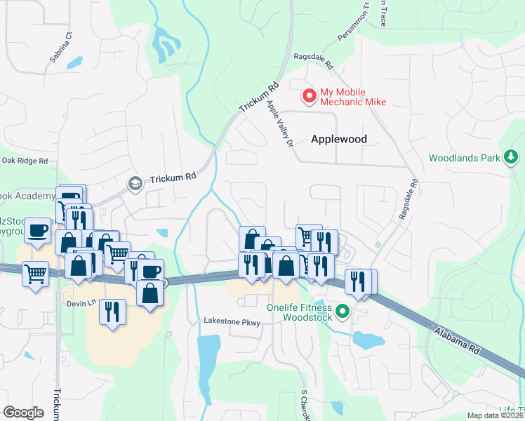 map of restaurants, bars, coffee shops, grocery stores, and more near 116 Weatherstone Drive in Woodstock