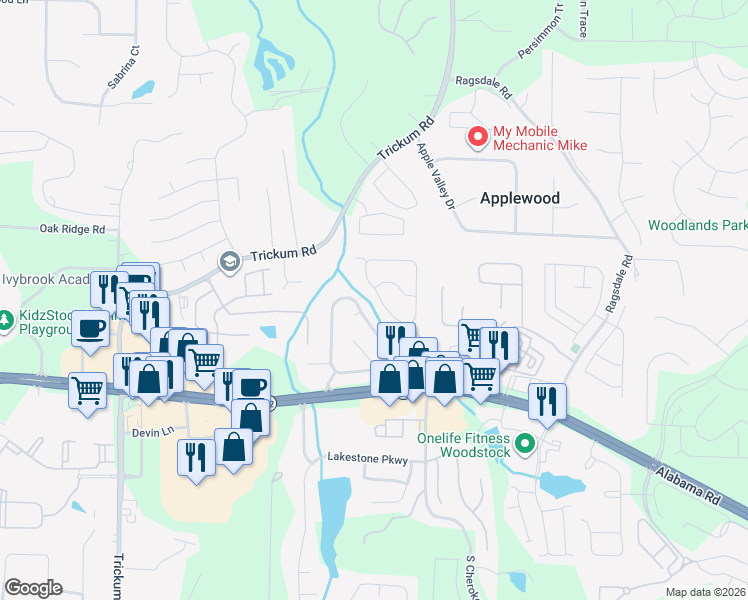 map of restaurants, bars, coffee shops, grocery stores, and more near 135 Weatherstone Drive in Woodstock