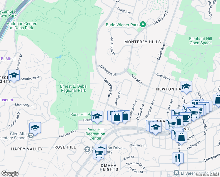 map of restaurants, bars, coffee shops, grocery stores, and more near 3805 Monterey Road in Los Angeles