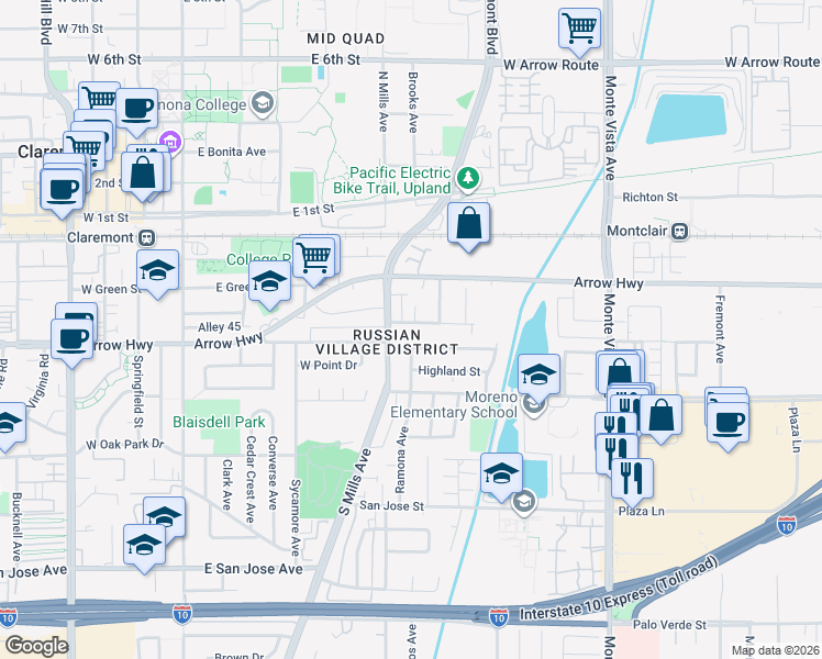 map of restaurants, bars, coffee shops, grocery stores, and more near 4555 Oakdale Street in Montclair