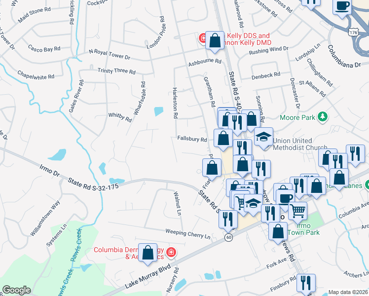 map of restaurants, bars, coffee shops, grocery stores, and more near 132 Thames Valley Court in Irmo