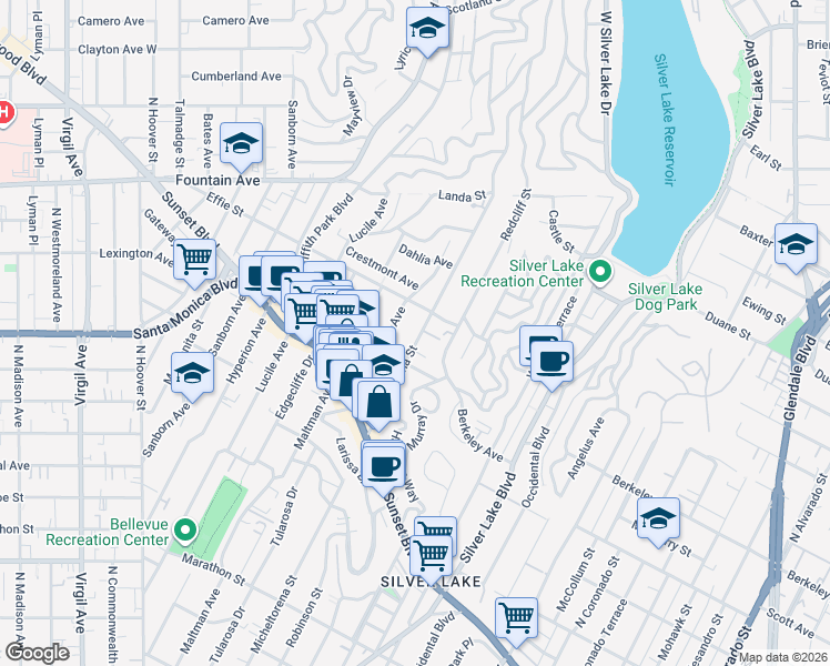 map of restaurants, bars, coffee shops, grocery stores, and more near 1626 Micheltorena Street in Los Angeles