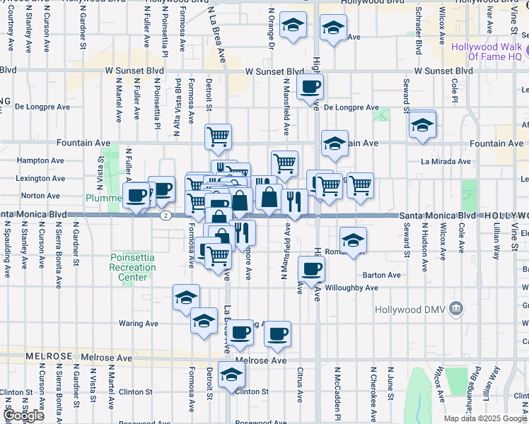 map of restaurants, bars, coffee shops, grocery stores, and more near 7001 Santa Monica Boulevard in West Hollywood